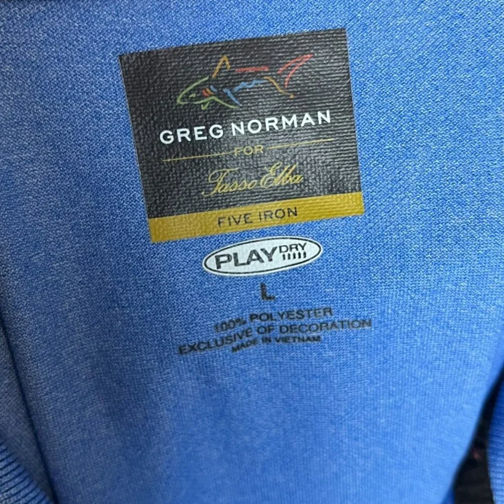 Greg Norman Men's L Polo Shirt Blue Golf Short Sleeve Shark‎ Play Dry Embossed